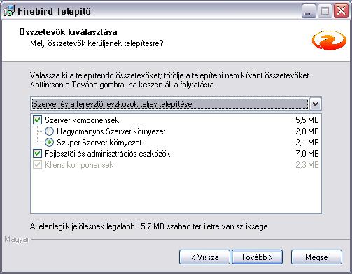 Telepítés Windows környezetben A javasolt Firebird verzió a 2.0.7, a 2-es sorozat stabil verziója, aminek a telepítője az alábbi címről tölthető le: FirebirdSQL.org: firebird-2-0 vagy Sourceforge.