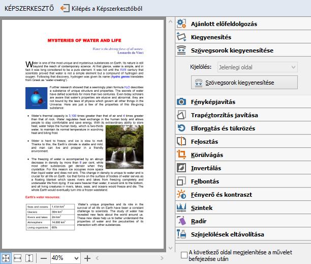 A KÉPSZERKESZTŐ bal oldali részén látható a FineReader dokumentum azon oldala, mely a Képszerkesztő megnyitásakor került kiválasztásra.