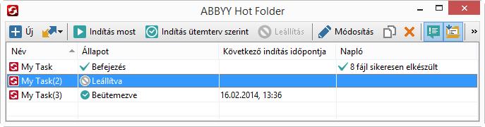A beállított feladatok listája az ABBYY Hot Folder főablakában jelenik meg.