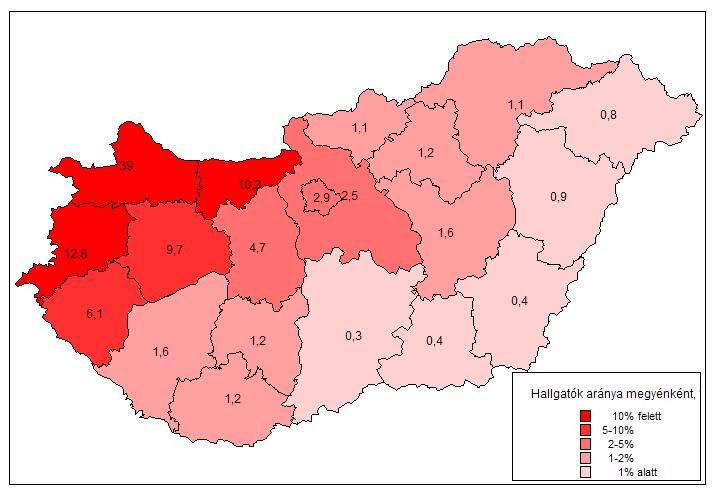 4. ábra: A hallgatók megyénkénti megoszlása Forrás: a 2006/2007-os tanévi hallgatói pályakövetési kérdőívek alapján A fenti ábra jól mutatja, hogy a végzősök főként Magyarország észak-nyugati