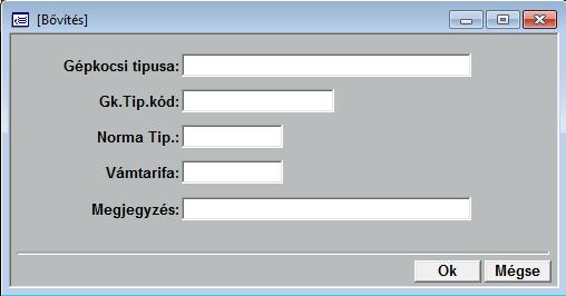 A gépkocsi típusok adatfelvételi képernyője a következő: Gépkocsi típusa: A gépkocsi típusa szövegesen Gk.Tip.Kód: A gépkocsi típus felhasználó által kialakított kódja.