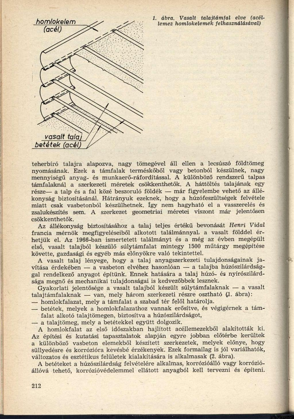 1. ábra. Vasalt talajtámfal elve (acéllemez homlokelemek felhasználásával) teherbíró talajra alapozva, nagy tömegével áll ellen a lecsúszó földtömeg nyomásának.