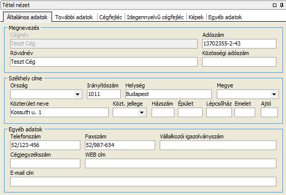 Általános adatok Itt adhatja meg a cég általános adatait. A cég nevét csak demó módban tudja módosítani, a program élesítése után már nem.