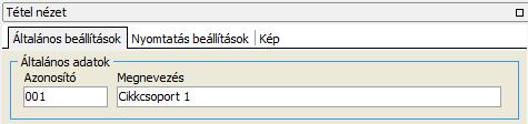 Beállításának elérése: Törzsadatok/Cikkcsoportok Általános beállítások Felviteli segédlet Azonosító Megnevezés A cikkcsoport