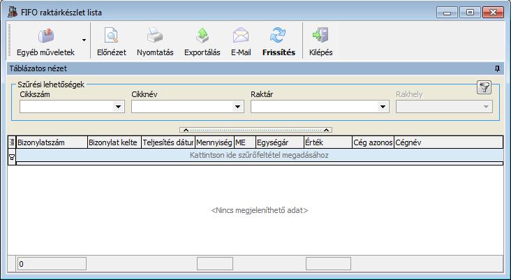 3.3.2. FIFO raktári készlet lista Hasonlít a raktári készlethez, csak itt a FIFO elv alapján raktározott cikkek aktuális készletszintje jeleníthető meg.