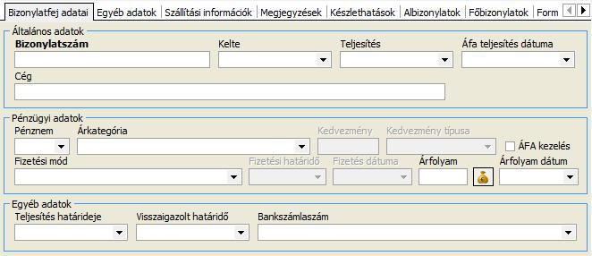 Bizonylatfej adatai A számla fejlécére vonatkozó adatok tekinthetők meg, és módosíthatók ezen az adatterületen.