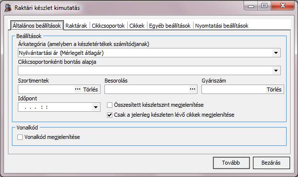 3.5.1. Készlet kimutatások 3.5.1.1. Raktári készlet Raktáranként csoportosítva jelennek meg a cikkek adott időpontra vetített készlete a kimutatáson.