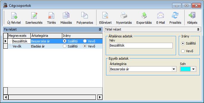 3.2.12. Cégcsoportok A partner cégek csoportosítására szolgáló funkció. Többszintű csoportosításra ad lehetőséget.