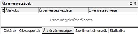 ÁFA érvényességek Az Áfa érvényességek fül alatt láthatóak a KSH besorolás szerinti ÁFA százalékok és azok érvényességi ideje. Ez a KSH besorolások törzsben módosítható.