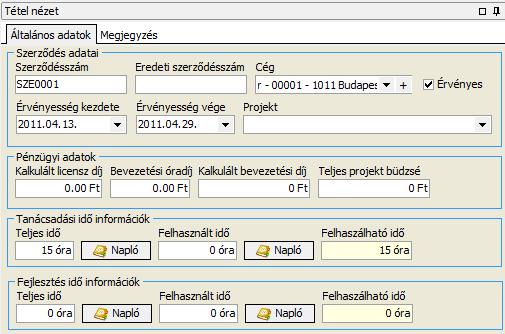 Általános adatok Felviteli segédlet Szerződésszám Eredeti szerződésszám Cég Érvényes Érvényesség kezdete/vége Projekt Kalkulált licensz díj Bevezetési óradíj Kalkulált bevezetési díj Teljes projekt