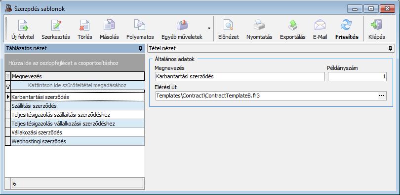 Szerződés sablonok A programban előre rögzített sablonok közül választhat, amikor egy-egy szerződést készít, de lehetőség van további egyedi sablonok fejlesztésére.