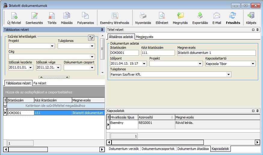 3.3.13. Iktatott dokumentumok Dokumentumok csatolására, iktatására szolgáló felület.