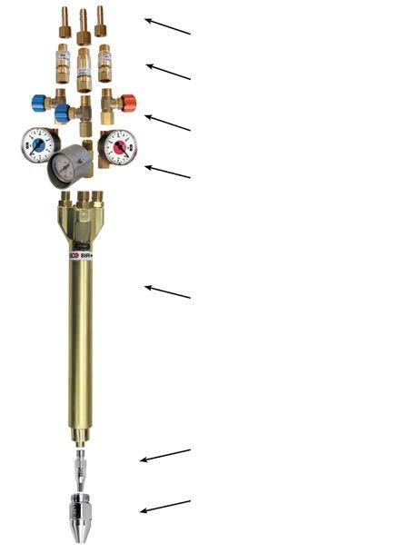 a legvastagabb vágásokhoz BIR gépi lángvágó fej Tömlő csatlakozó Hevítő/Égőgáz keverék Vágó oxigén csatorna Visszacsapó szelep Elzáró szelepek Nyomásmérő órák (opcionális) Vágó fúvóka Láng és hő