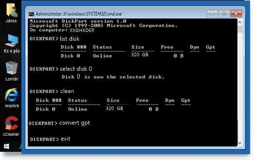 Megjegyzés: A fenti parancssorok közül a convert gpt parancs beírás kimaradhat, mert maga a clean parancs töröli az MBR partíciós táblát, a GPT-re konvertálást pedig a Rufus programmal készített