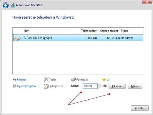 9.) Az újabb ablakba a Mérethez írjuk be az új partíció méretét, amit kilobyteban lehet megadni. Egy 100 Gb.-os partíció létrehozásához 6 számjegyre van szükség (pl.:100gb.