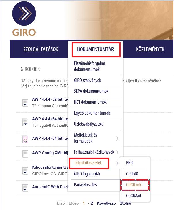 2.8. AWP TELEPÍTŐ ÉS GIROLOCK TANÚSÍTVÁNYOK ELÉRHETŐSÉGE A HONLAPON https://www.giro.