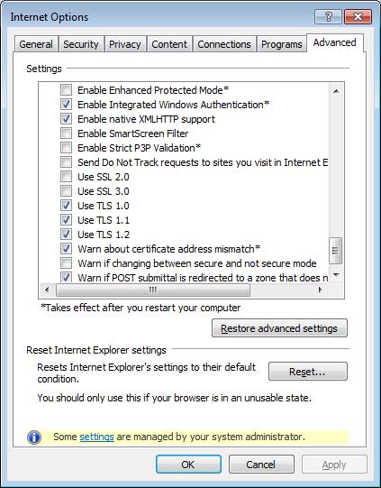 Az Internet Explorer Beállítások Speciális ablakban állítsa be az SSL és TLS használatot az alábbi képernyő szerint. 3.2.