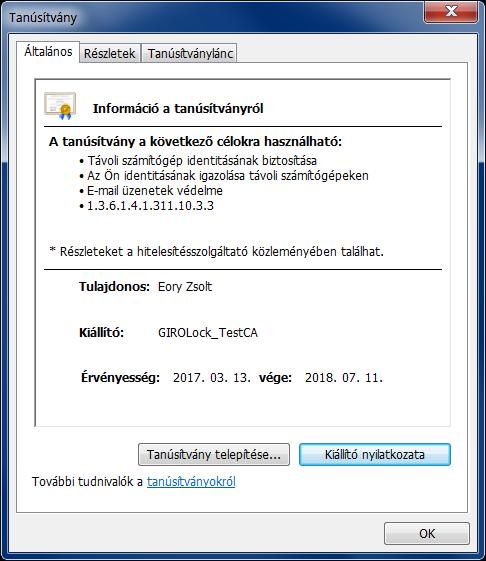 3. lépés: A megjelenő ablakban nézze meg a tanúsítvány lejárati dátumát! Az új tanúsítvány lejárati dátuma a csere dátuma + 395 nap. Kattintson az "OK" gombra! 4.