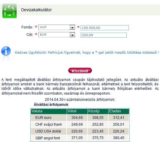 4. Kalkulátorok A Kalkulátorok menüpontban devizaváltást végezhet aktuális számlakonverziós árfolyamunkon, illetve számolhat a Takarék Kalkulátorokkal. 4.