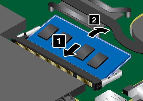 6. Helyezze be az új memóriamodult a memóriahelyre rovátkás végével a memóriahely érintkezőfelülete felé, és illessze be kb. 20 fokos szögben a memóriamodul a memóriahelyre 1.