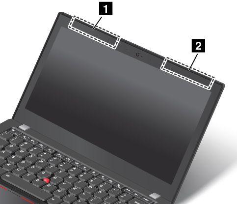 A. függelék Szabályozással kapcsolatos információk Az UltraConnect vezeték nélküli antennák elhelyezkedése A ThinkPad modellek az optimális vétel érdekében a kijelzőbe beépített elhalkulásmentes