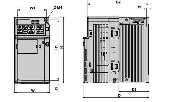 MÉRETEK IP20 (Zavarszűrő nélkül) Egyfázisú 200 V Háromfázisú 200V Méretek (mm) Típus Súly CIMR- J W H D W1 H1 H2 D1 D2 t1 (kg) BA0001B 68 128 76 56 118 5 6.5 67.5 3 0.6 BA0002B 68 128 76 56 118 5 6.