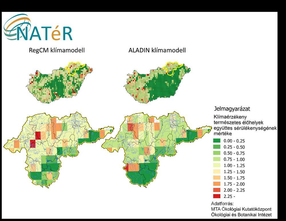 A lent bemutatott térkép a klímaérzékeny természetes élőhelyek egyesített sérülékenységét mutatja 2021-2050-között a 2003-2006-os (referencia-időszakbeli) állapothoz képest.