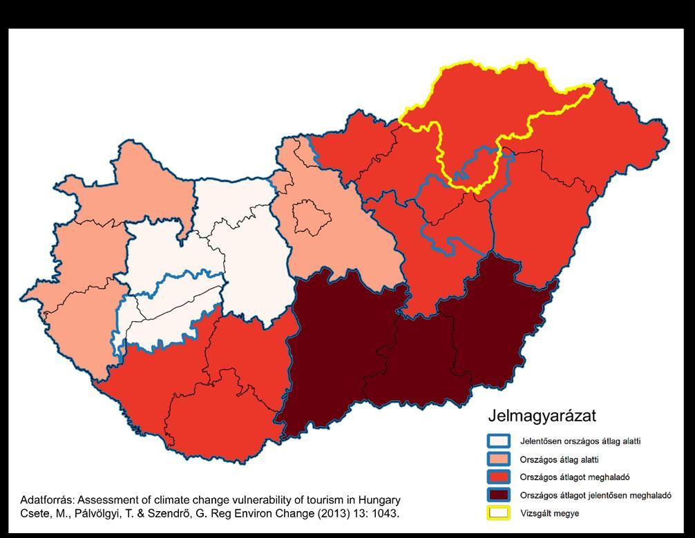 39. ábra: Turizmus veszélyeztetettsége Borsod-Abaúj-Zemplén megye turisztikai veszélyeztetettsége meghaladja az országos átlagot, elsősorban a jelentősebb kitettség és a gyengébb alkalmazkodóképesség