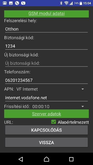 Új modul beállítás Amennyiben a modul GPRS kapcsolata nincs konfigurálva, megtehetjük ezt a Beállítások menüben az Új modul beállítás opcióval A beállításhoz a telefon egy SMS-t küld a GSM modulnak,