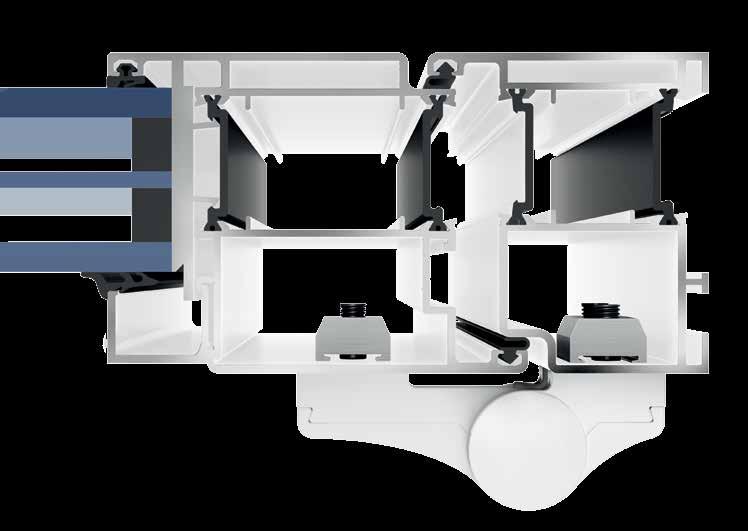 TOPCOMFORT Szerkezet Kivitel Hőhídmentes alumínium szárnyprofil opcionálisan kiegészítő hőszigeteléssel Hőhídmentes 80 mm-es alumínium ajtókeret 2-szeres tömítettség 3-rétegű