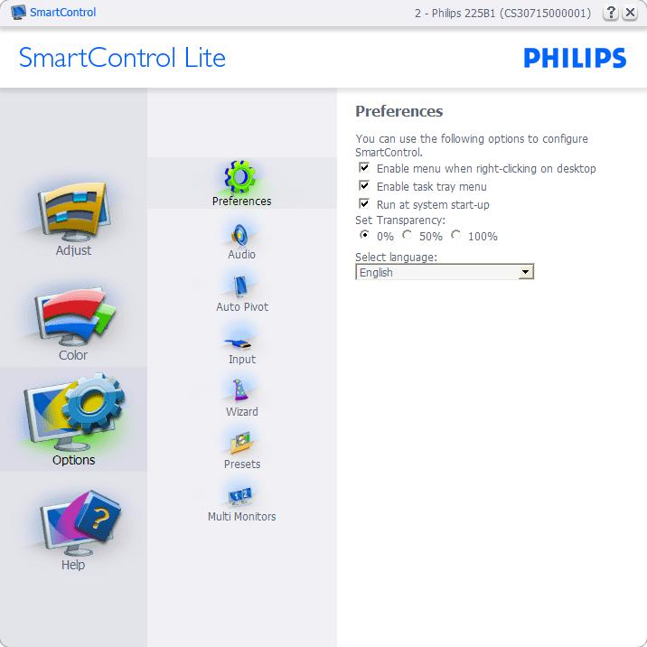 Az Enable Context (Helyi menü engedélyezése) menün láthatóak a SmartControl Lite választható lehetőségei, úgymint a Select Preset (Előre beállított érték választása) és Tune Display (Megjelenítő