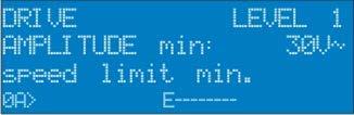 6.4 0 és 1. menü tartalom szint A hálózat be után a képernyőn megjelenik a kezdő képernyő a lengő amplitúdóval (szállítási sebesség). Az 1. szint paramétere csak az 1. szintű jelszóval látható!