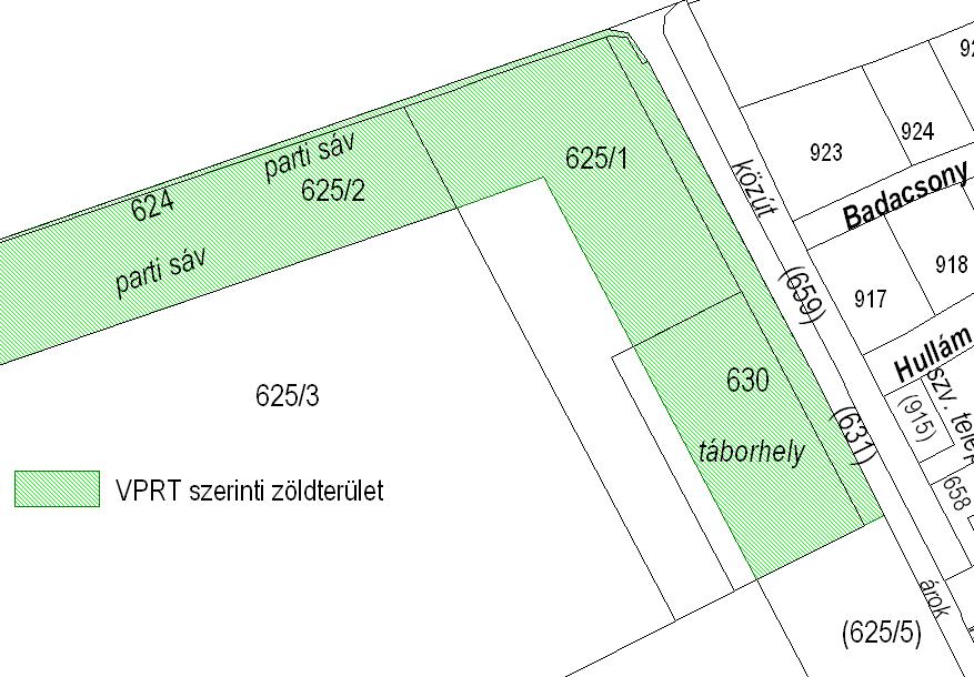 BALATONŐSZÖD VÍZPART-REHABILITÁCIÓS TANULMÁNYTERV MÓDOSÍTÁSÁT ELŐKÉSZÍTŐ TANULMÁNYTERV 28 A 630 hrsz-ú telek helyzete a VPRT szerinti kijelölt zöldterületben A fent leírtak szerinti kialakuló új