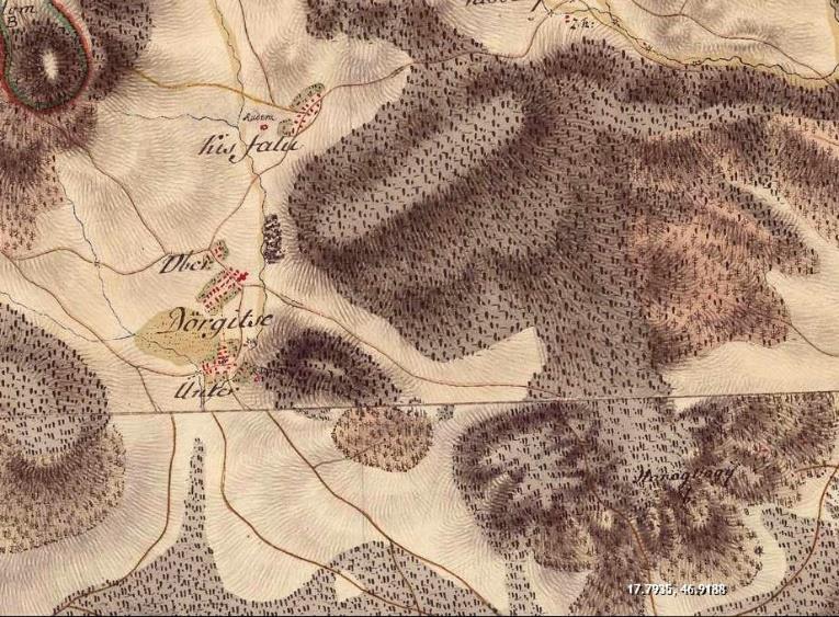 Az elsőkatonai felmérés térképén Dörgicse szőlőhegyei már jól kivehetők. A második katonai felmérésen az utak és az épületek is jól láthatók, hegynevek is megjelennek.