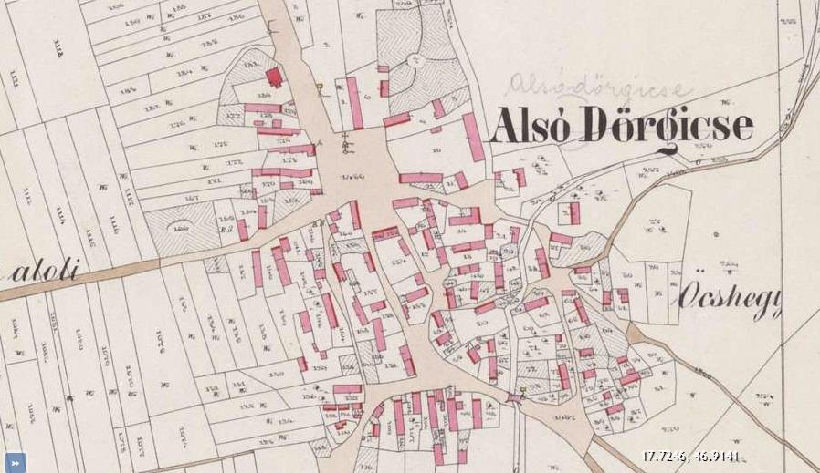 Alsó-Dörgicse a XIX. századi kataszteri térképen (1858) A település szántóterülete köves, nehezen művelhető. Négy szőlőhegye van, (a legnagyobb már a középkorban is ismert: Becserhegy).