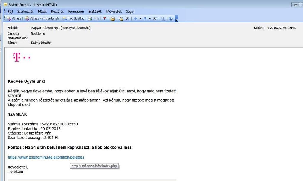 19. ábra Adathalász levél példa Fenti példában azt fontos kiemelnünk, hogy jól látszódik, hogy a kék, aláhúzott levélszövegben lévő hivatkozás és a valós URL weboldalcím különbözik.