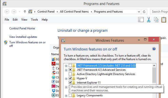 A laborkörnyezet bemutatása A Hyper-V engedélyezése a host (gazda) operációs rendszeren Start -> Control Panel -> Programs and Features A Programs and Features ablak baloldalán