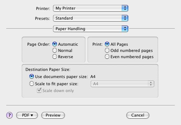 Paper handling (Papírkezelés) Page order (Oldalak sorrendje) Megadhatja, hogy a dokumentum nyomtatása normál (1,2,3..) vagy fordított (..3,2,1) sorrendben történjen-e.