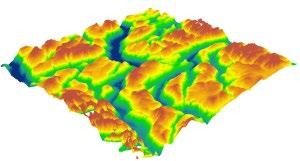 Domborzatmodell 3 dimenzióban ábrázolva Az állomány minden egyes pontja vagy pixele a tengerszint feletti magasság adatát tartalmazza.