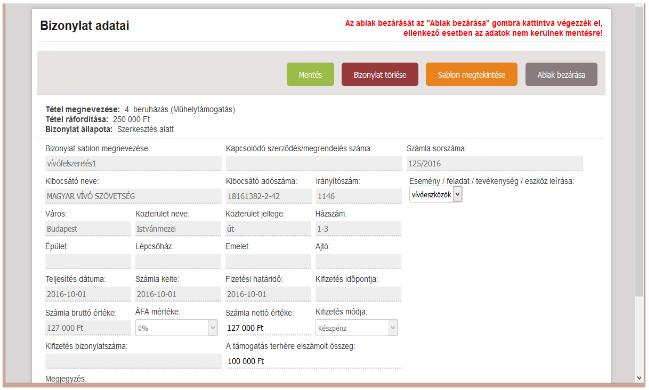 A bizonylat létrehozása után a felület: A létrehozást követően hibát talál a bizonylatban: - a