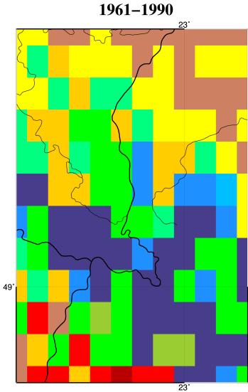 nyirkos, nedves és nagyon nedves vízellátottságú főtípusokat bontják tovább (8. ábra). A szezonalitás mértéke ezen a területen kisebb, főként a T és P nagy szezonalitása jellemző (10. ábra). 8.