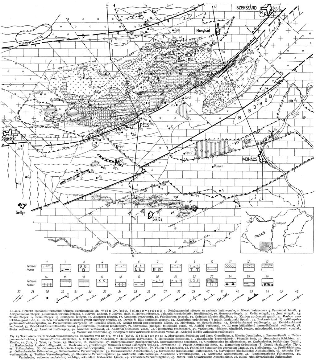 i4- ábra. Délkelet-Dunántúl tektonikai térképe. Szerkesztette: dr. Wein Gy. (1965). J e 1 m a g y a r á-z a t: 1. Felsőpannóniai rétegek és azoknak határvonala, 2. Miocén határvonal 3.