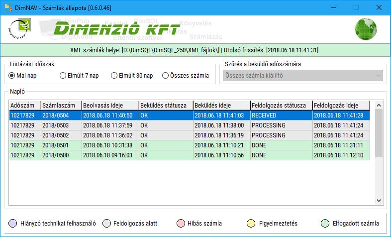 RECEIVED: Küldés folyamatban van PROCESSING: Feldolgozás folyamatban van ABORTED esetén hibás volt a számla.