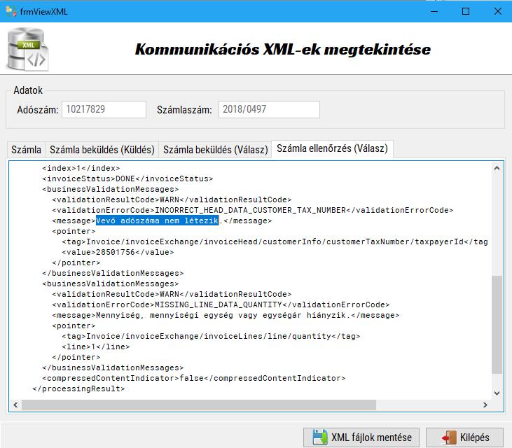 A DONE státusszal (Rendben) befogadott számláknál is érdemes a kommunikációs XML megtekintése.