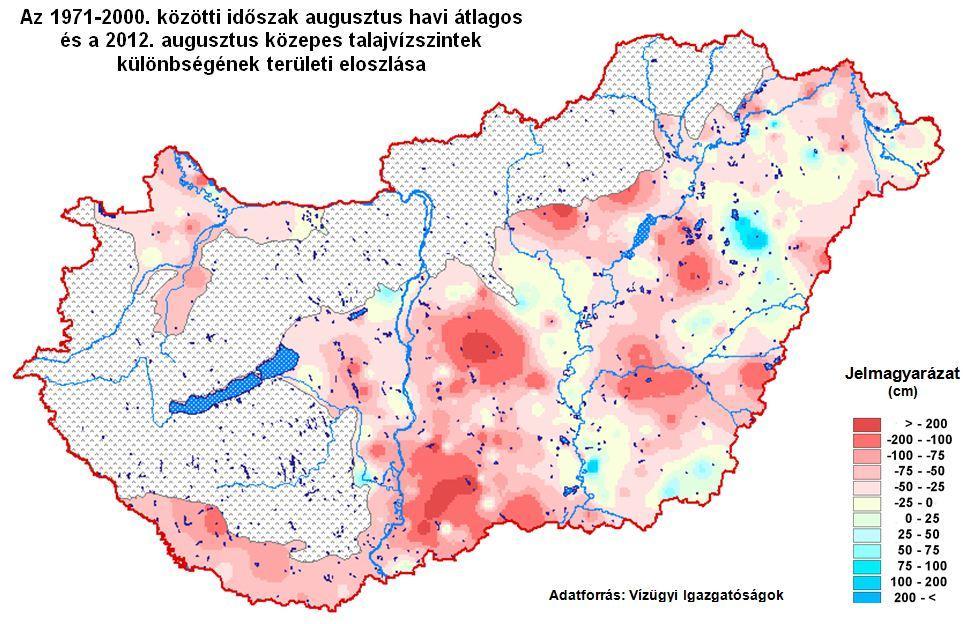 völgysíkján csökkent a 2010-ben 100-200 cm közötti pozitív eltérést mutató területek aránya. A délkeleti térszíneken szintén jelentős talajvízszint-csökkenést mutattak a különbségértékek. A 2012.