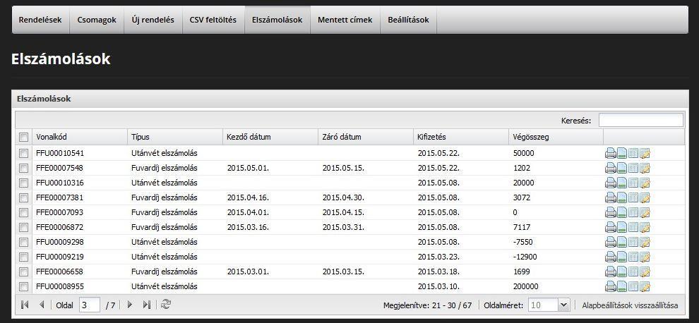 5. Elszámolások: minden elkészült fuvardíj és kifizetett utánvét-elszámolás ebben a menüpontban található meg.