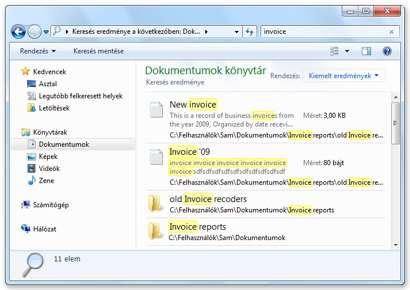 3.1. Az operációs rendszer és főbb feladatai 9 Dokumentumtár, miután a számla kifejezést írta a keresőmezőbe A keresőmezőben más technikákkal is gyorsan leszűkítheti a keresést.