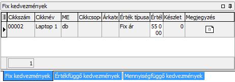 Fix kedvezmények Ebben a táblázatban határozhatja meg, hogy melyik cikkeknek hogyan, és milyen mértékben csökkenjen a beállításokban meghatározott árkategóriához tartozó ára a bizonylatokon.