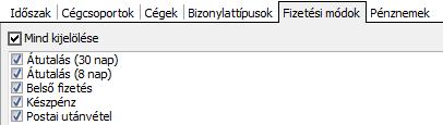 Pénznemek Azok között a bizonylatok között fogja keresni a program a késedelmes fizetésű bizonylatokat, melyeknél a pénznem az itt megjelölt módok valamelyike.