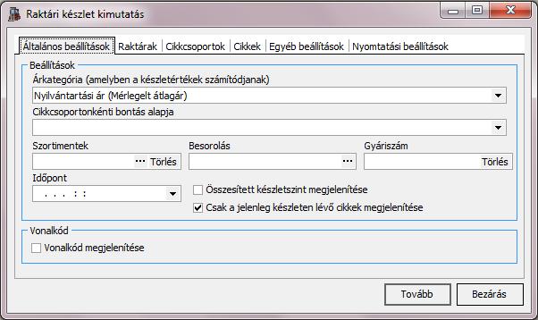 3.6.1. Készlet kimutatások 3.6.1.1. Raktári készlet Raktáranként csoportosítva jelennek meg a cikkek adott időpontra vetített készlete a kimutatáson.